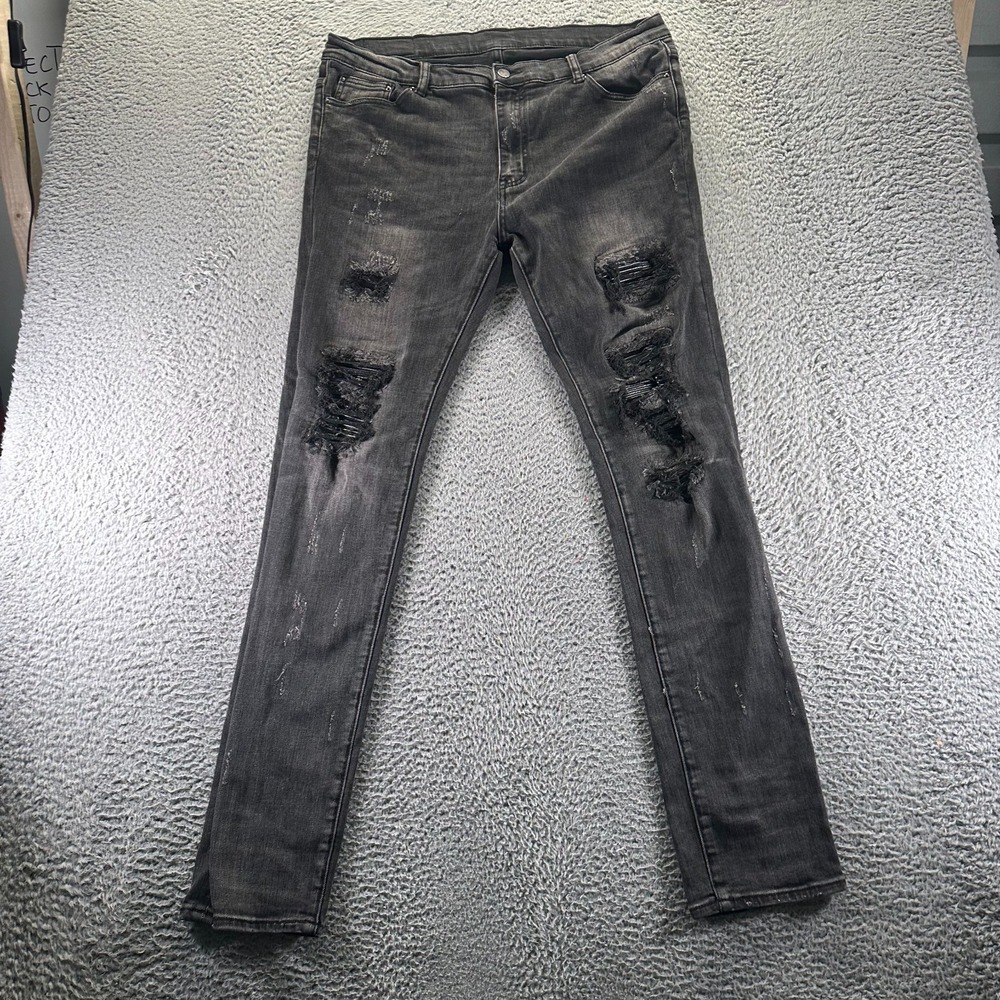 MNML Jeans Men 38x34 Black Cotton Denim Skinny Faded Distressed Stretch Workwear